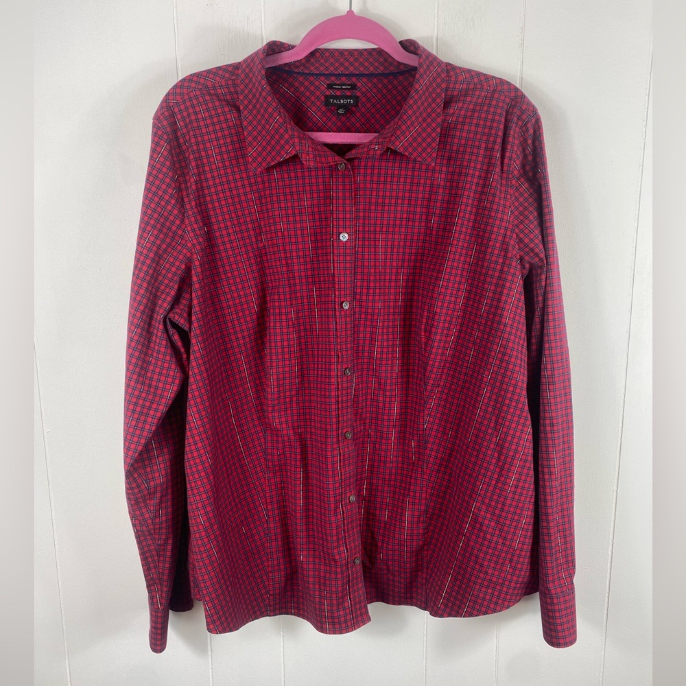 Talbots Wrinkle Resistant Rednavy Metallic Button Up Blouse Plus Size 20